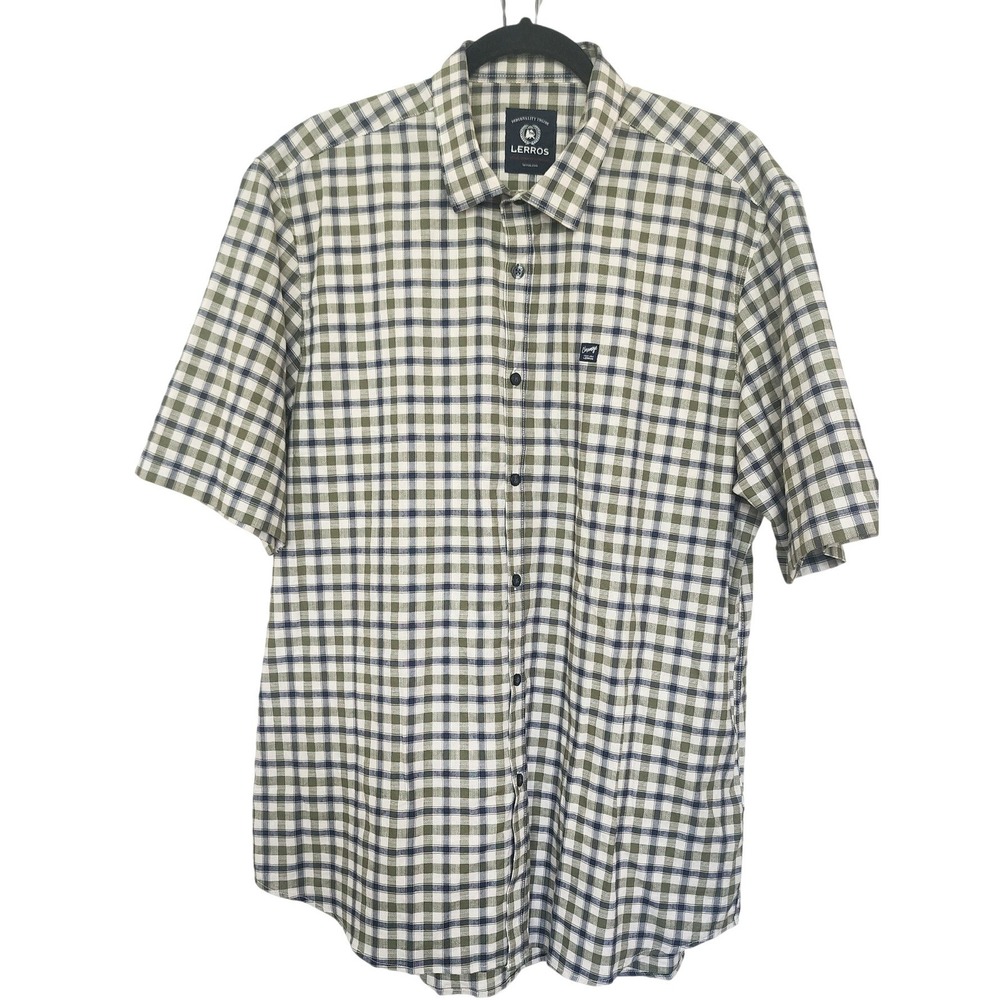 Lerros Mens XL Plaid Short Sleeve Button Down Shirt Green Navy Blue Cotton OC325